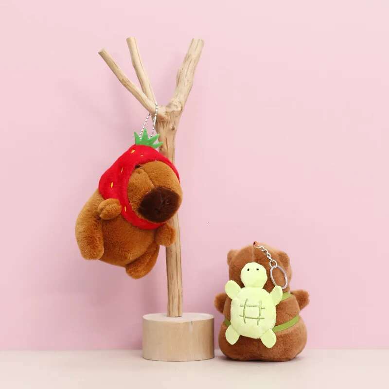 Strawberry Hat Capybara Plush Toy Turtle Backpack Capibara Stuffed Animals Papa Hand Circle Ring Key Chains Small Size Pendant