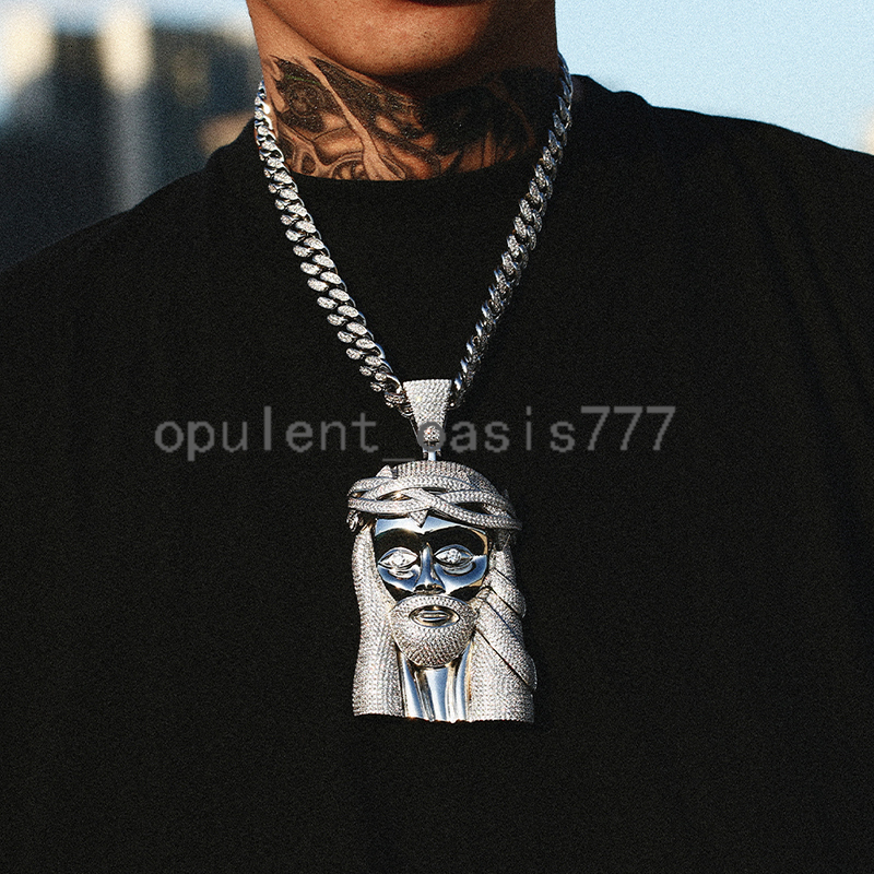 Iced Out Hip Hop Jewelry Big Size 18K Gold Plated Brass moissanite Diamond Jesus Pendant Necklace With Cuban Link Chain for Men