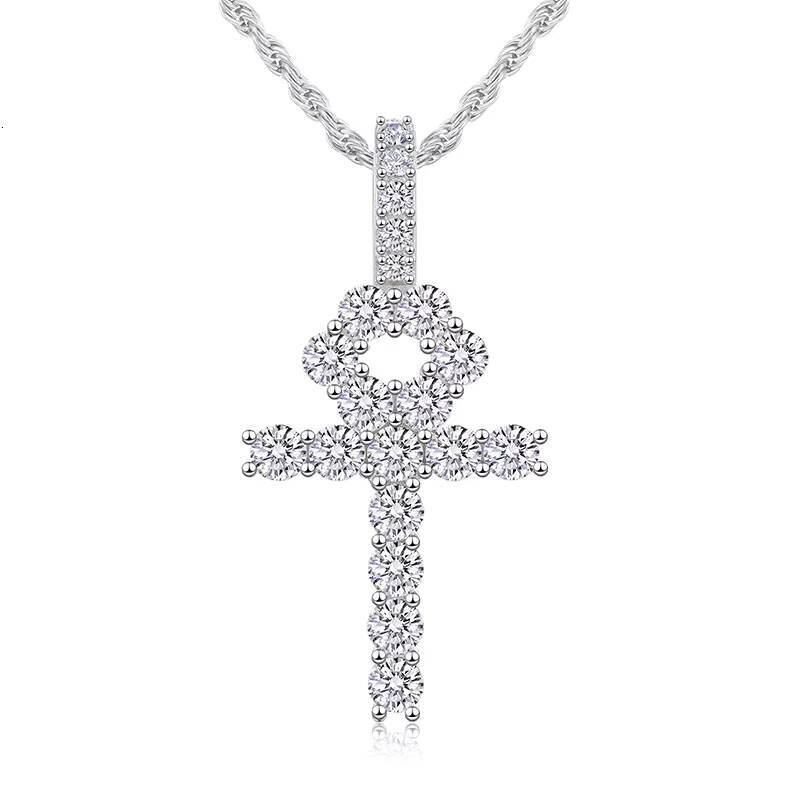 European American Trend S925 Sterling Silver 5mm Moissanite Cross Pendant Mens Gold Rhodium-Plated Hip Hop Style Necklace