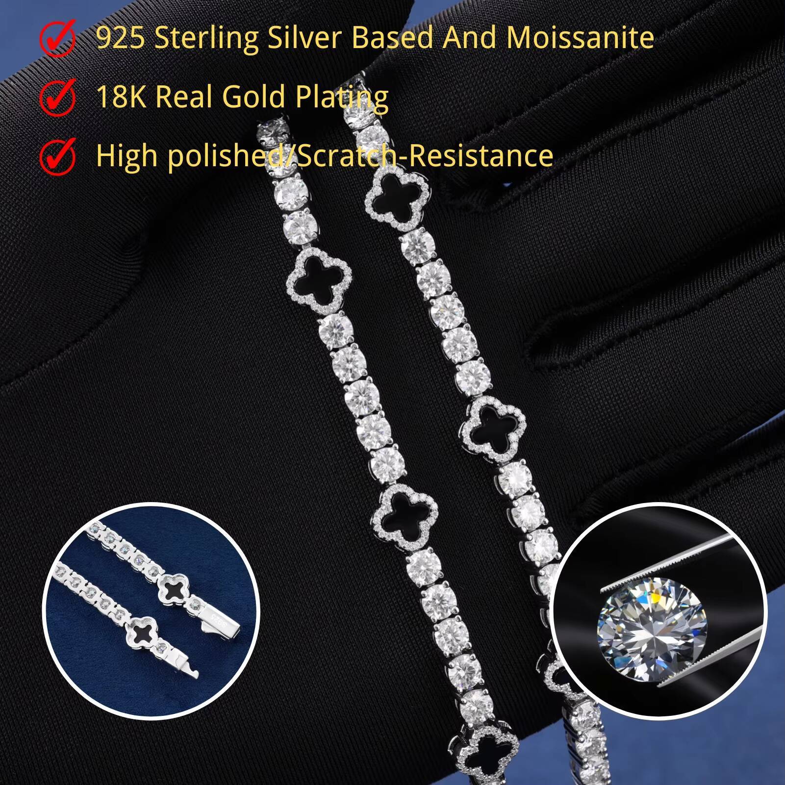 Fashion Design Black Clover Tennis Chain Luxury VVS D Moissanite 925 Sterling Silver Tennis Bracelet 4mm Hip Hop Jewelry