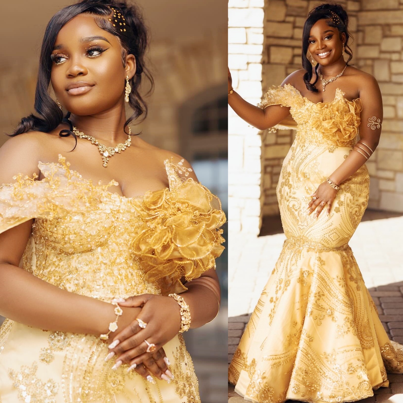 Mermaid Gold Plus Size Prom Dresses 2025 Florals Crystals Sequined Lace Evening Formal Party Second Birthday Engagement Gowns Dress For Special Occasi