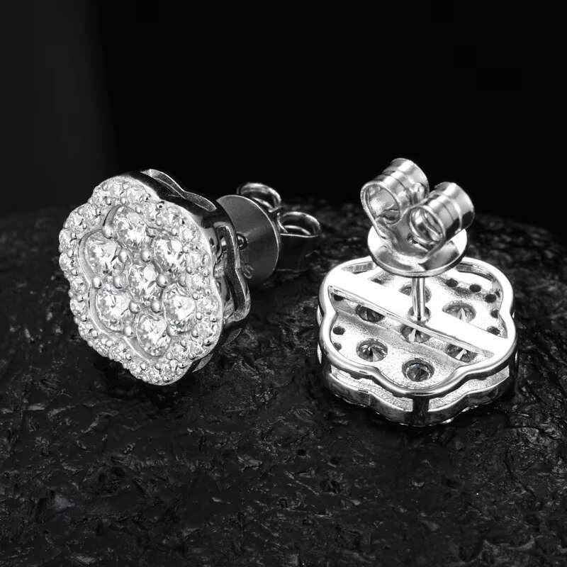Hip Hop-Inspired 925 Silver Screw Back Ear Studs Iced VVS Moissanite Flower Cluster Gold-Plated Certified Fashion Stud Earrings