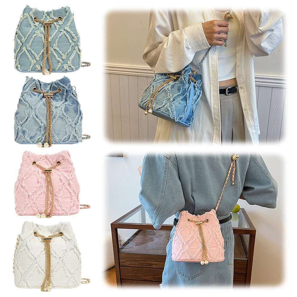 Denim Bucket Dia Pattern Women Shoulder Drawstring Handbag Adjustable Strap Hobo Travel Bag