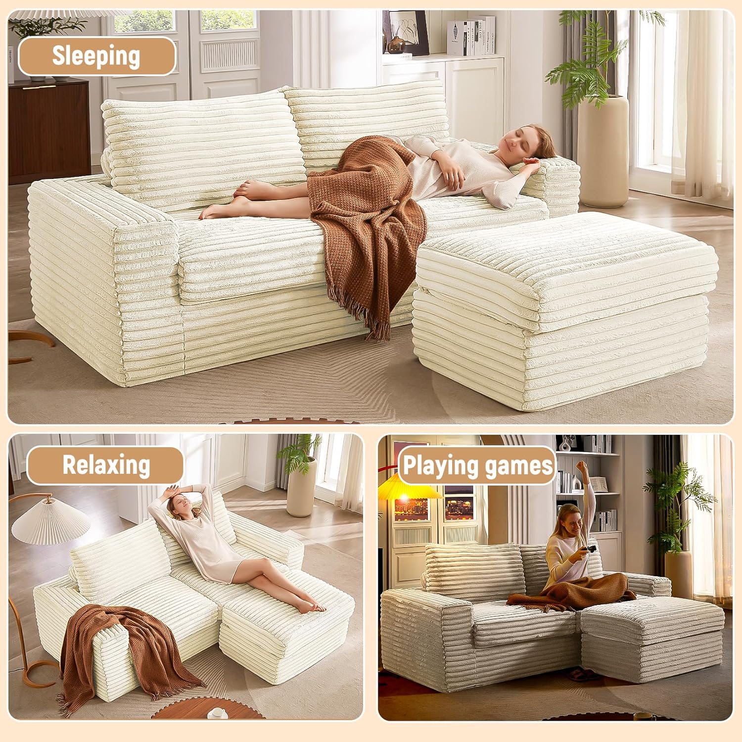 92'' Cloud Couch, Modular Sectional Sofa with Ottoman, Modern Convertible L Shaped Couches Upholstered Corduroy Boneless Couches for Living 