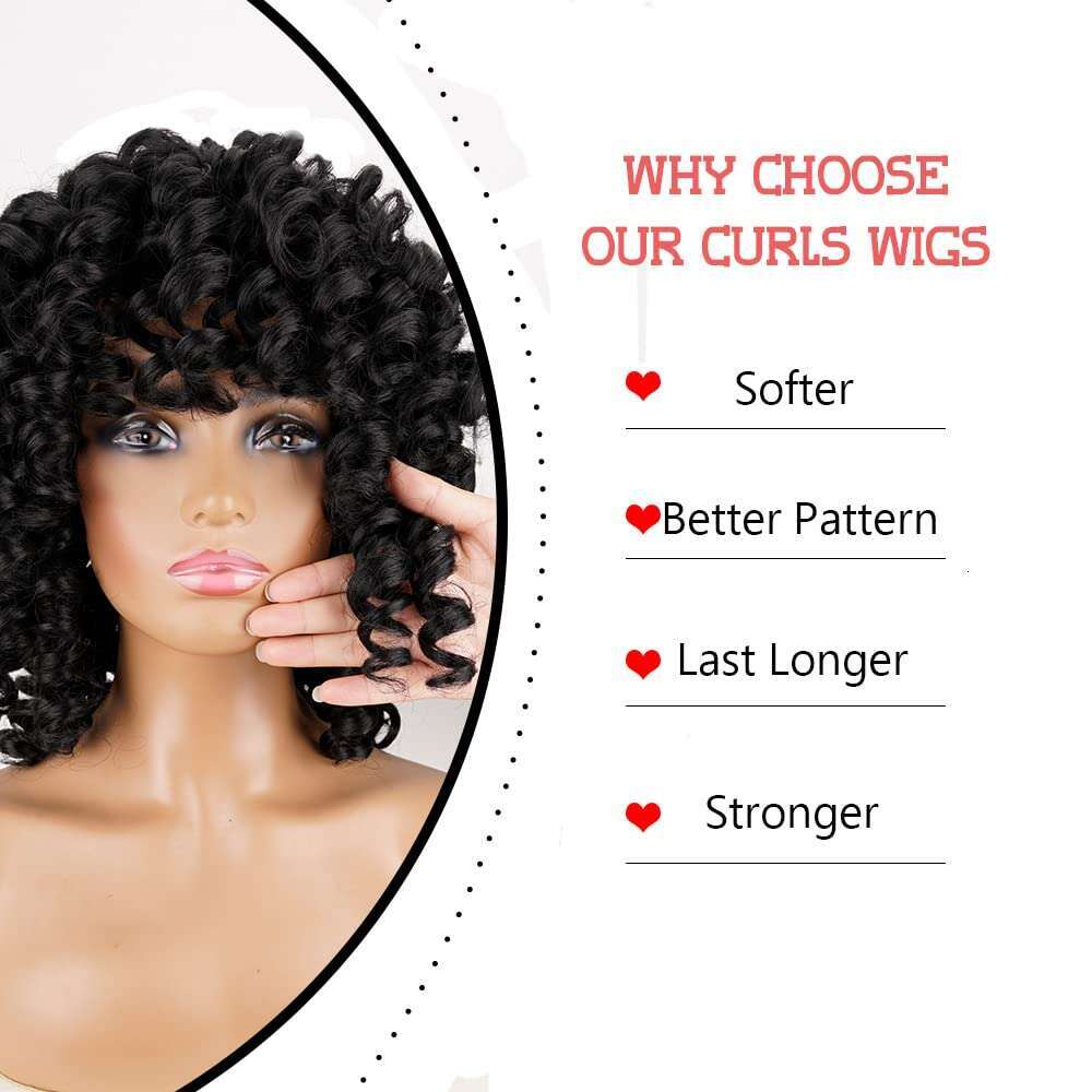 PHOENIXFLY Black Short Wigs for Women Curly Synthetic Heat Resistant Hair Replacement with Wig Caps (Black)