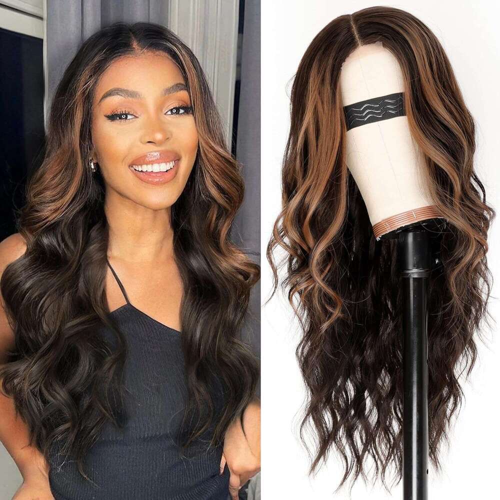 AISI HAIR Dark Brown with Highlights Women, Long Wavy Lace Hairline Middle Part Synthetic Heat Resistant Wig for Daily Party-26 Inch