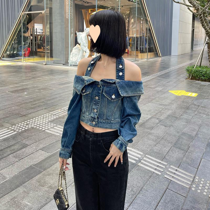 Halter Slash Neck Off Shoulder Denim Jackets Autumn Grunge All Match Ins Y2k Chaqueta Streetwear Trendy Women Jeans Cropped Coat 240807
