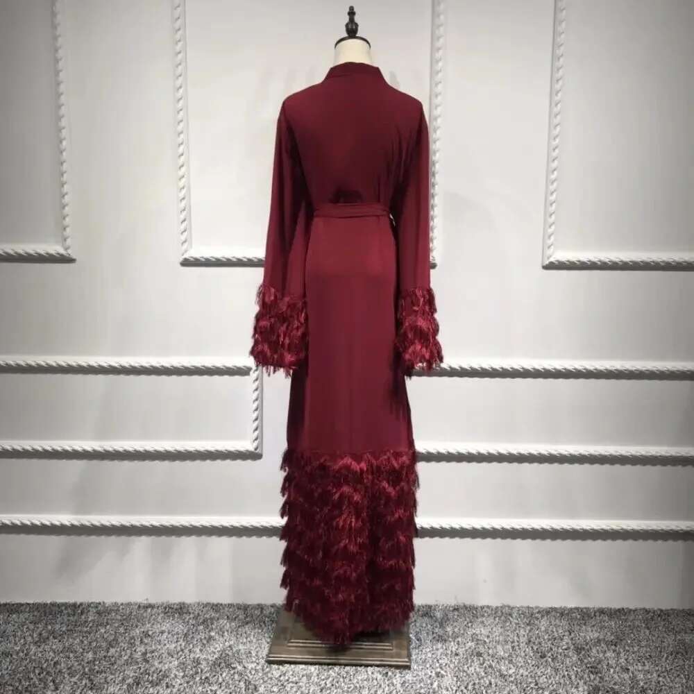 Elegant Thick Fluffy Lace Tassel Abaya Muslim Full Length Dubai Female Flare Sleeve Islamic Dress Wy1333 Dropshiping
