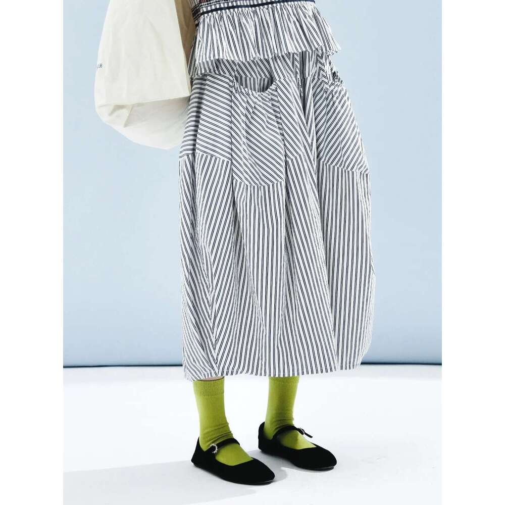 IMAKOKONI Original Design Elastic Waist Striped Print Pocket Skirt Women 244590