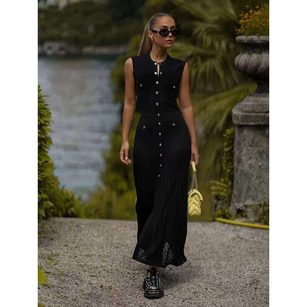 Woman 2024 New Black Dress Single-Breasted Sleeveless Slim Knit Evening Birthday Party Elegant Maxi Dresses
