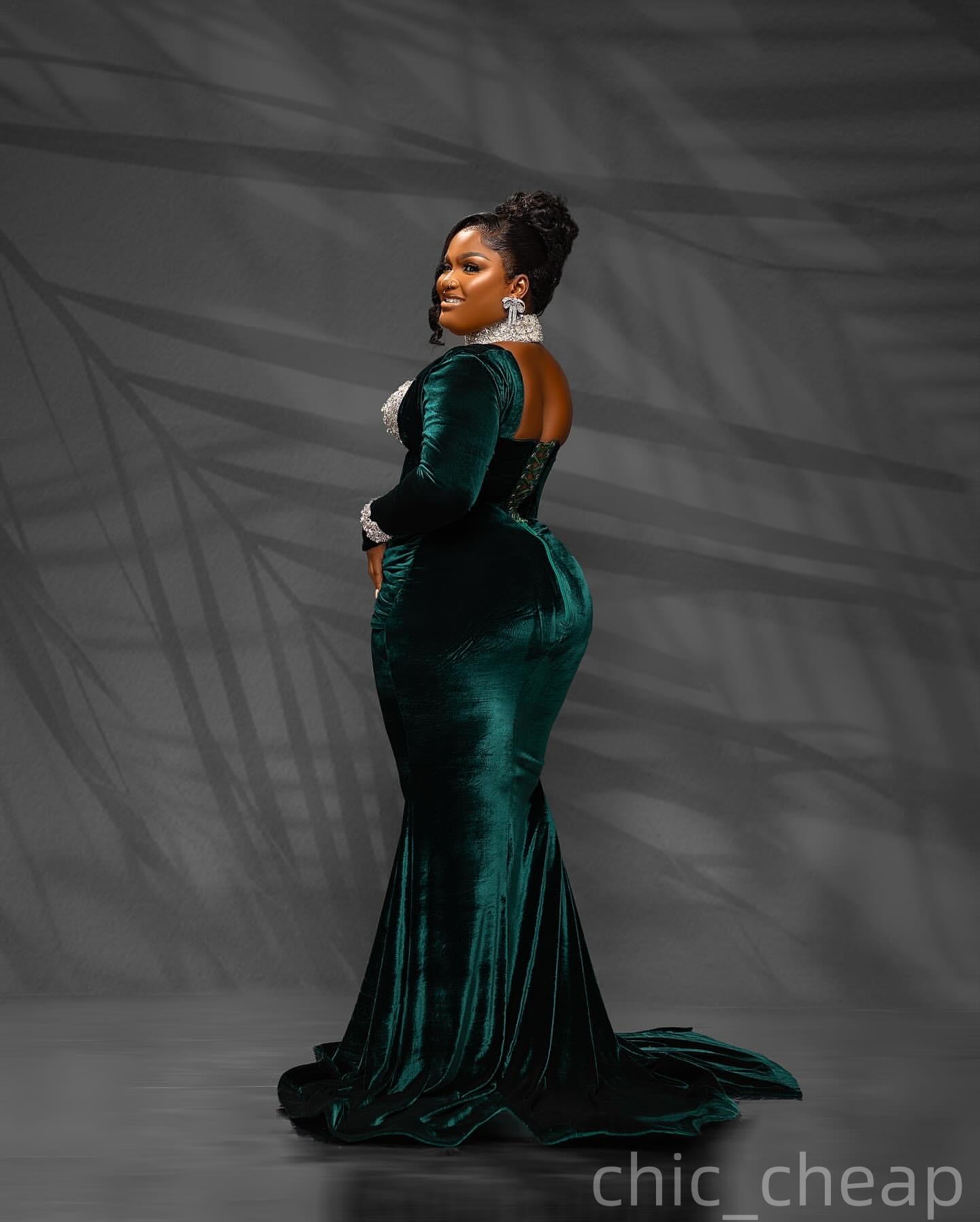 Mermaid Dark Green Plus Size Prom Dresses 2025 Velvet Crystals Full Sleeves Evening Formal Party Second Birthday Engagement Gowns Dress For Special Oc