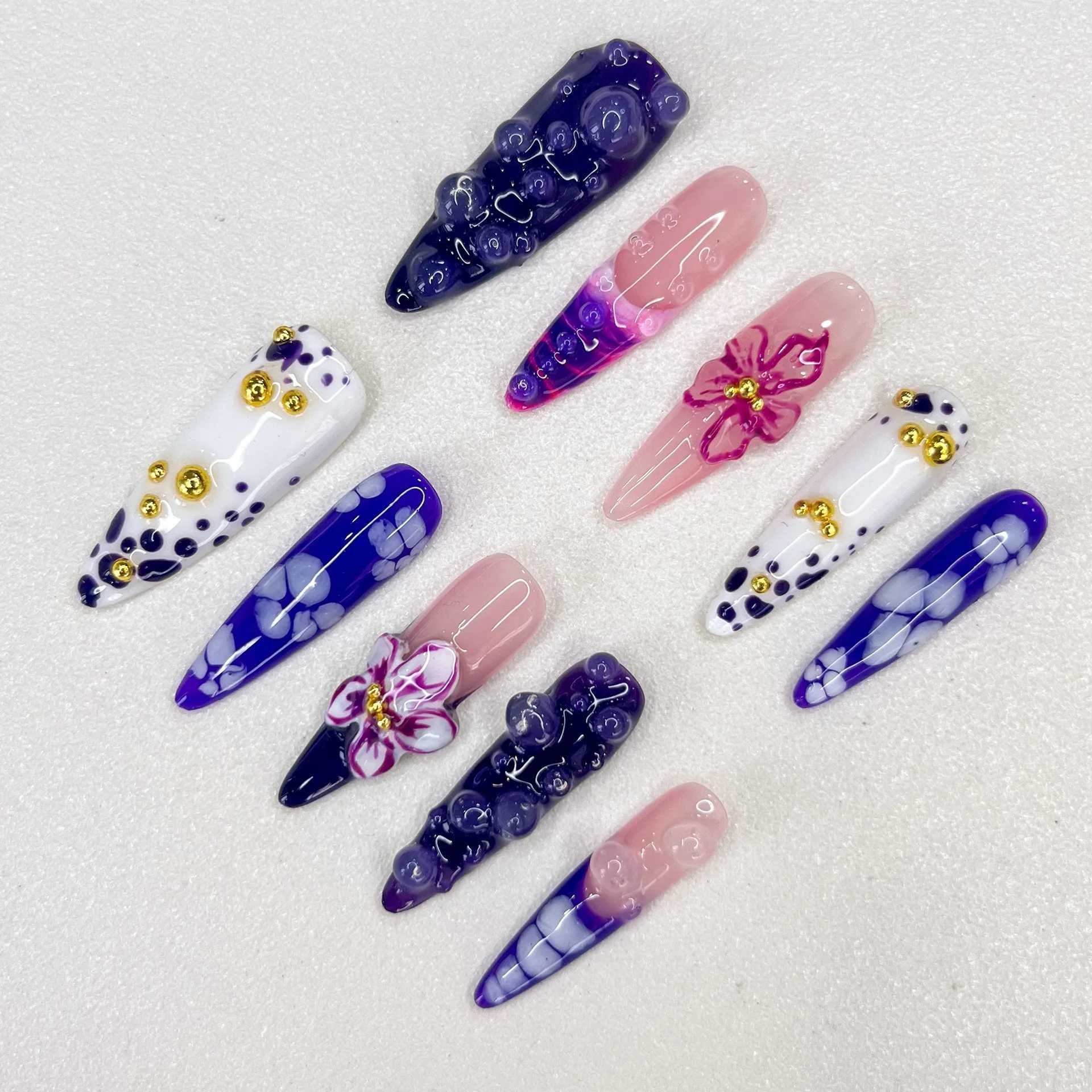 3D long special shaped purple series Mandarin Duck Gold Embedding Advanced Press on Nails Send Manicure Kit False Nails H25429