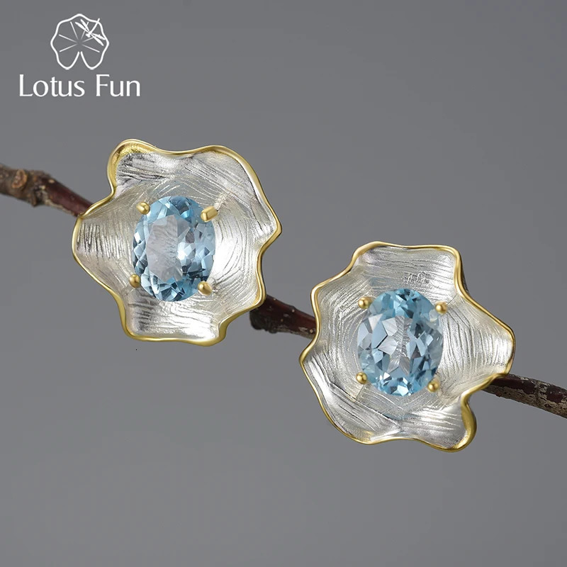 Fun Natural Topaz Gemstone Curled Leaf Stud Earrings for Women 925 Sterling Silver Vintage Baroque Style Jewelry250422
