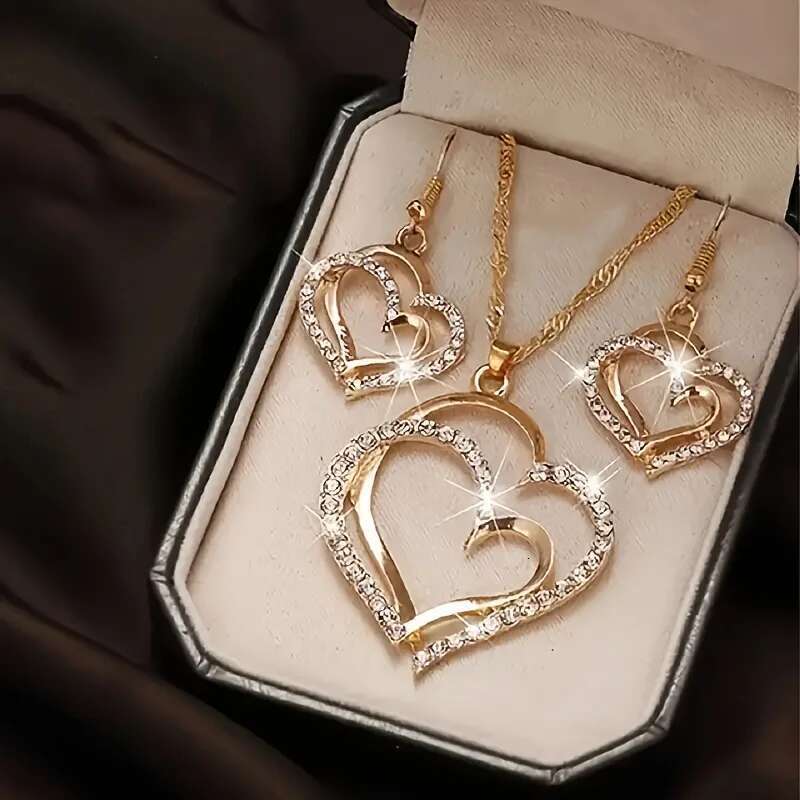 Sparkling Rhinestone Double-Layer Hollow Heart-Shaped Pendant Necklace Women's Temperament Versatile Jewelry Set