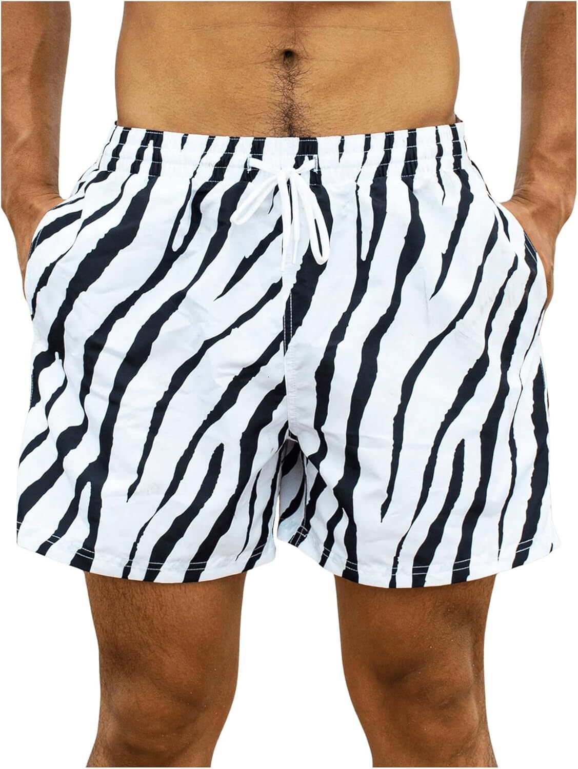 Men's Zebra Stripe Drawstring Waist Swim Trunks Beach Shorts Sports Running Bathing Suits