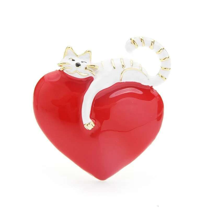 Original Enamel Heart Lazy Cat Pins For Lovers Wedding Jewelry Brooch Christmas New Year Gift