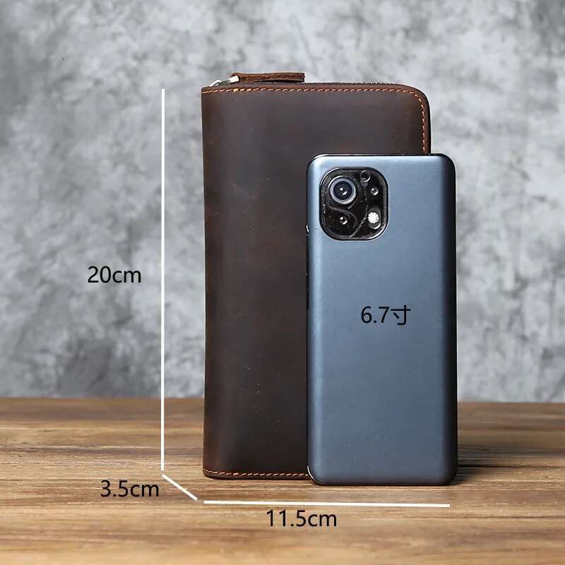 NZPJ Vintage Men Long Crazy Horse Leather Mobile Natural Cowhide Clutch Multi Functional Wallet Card Bag