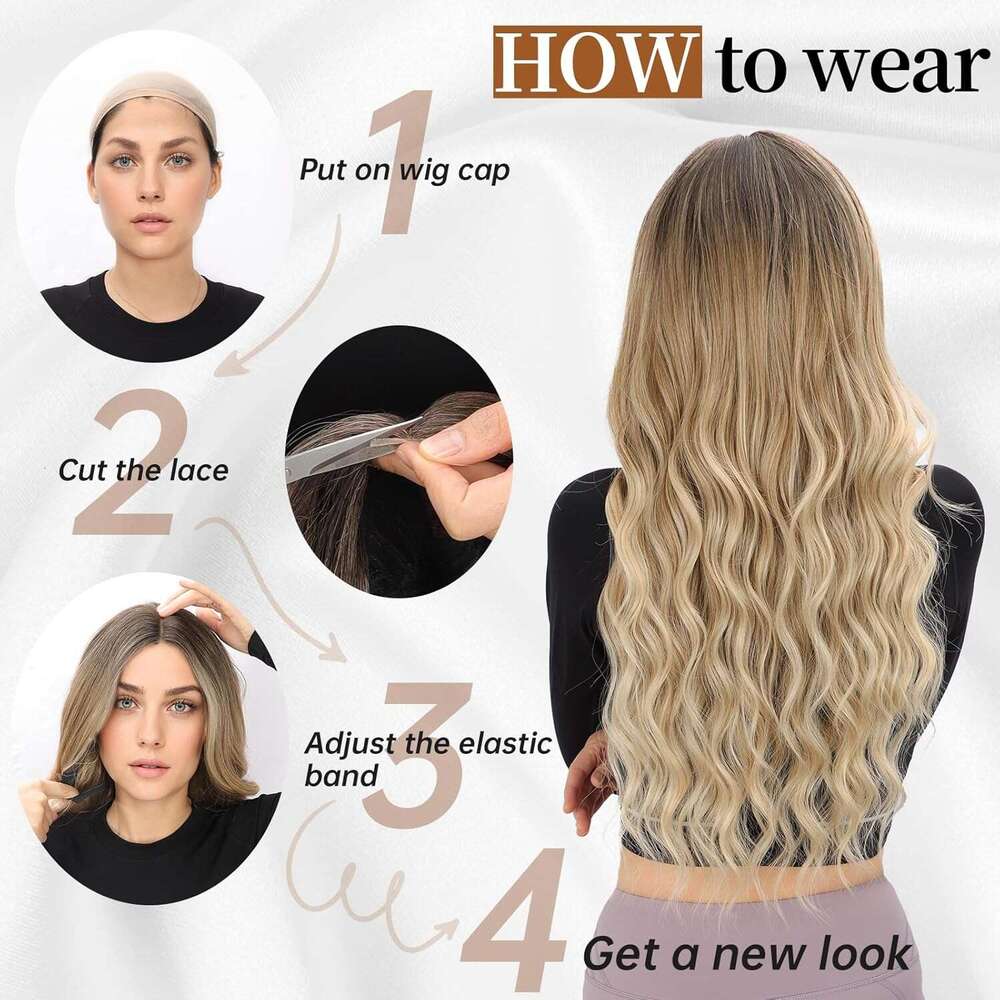 AISI HAIR Dark Brown with Highlights Women, Long Wavy Lace Hairline Middle Part Synthetic Heat Resistant Wig for Daily Party-26 Inch