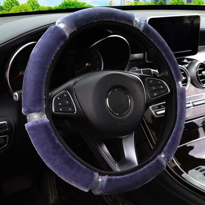 Car Steering Wheel Cover Gearshift Handbrake Cover Protector Decoration Warm Soft Plush Rhinestone Black Pink Women Man H25430