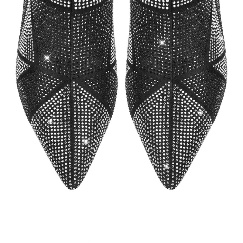Onlymaker Women Rhinestone Ankle Boots Pointed Toe Black Block Heel Pull-On Glitter Handmade Female Boots 250428