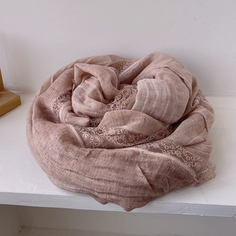 T595 lace edge pleated long cotton and linen scarf female spring and autumn pure cotton scarf autumn and winter literary shawl sunscreen