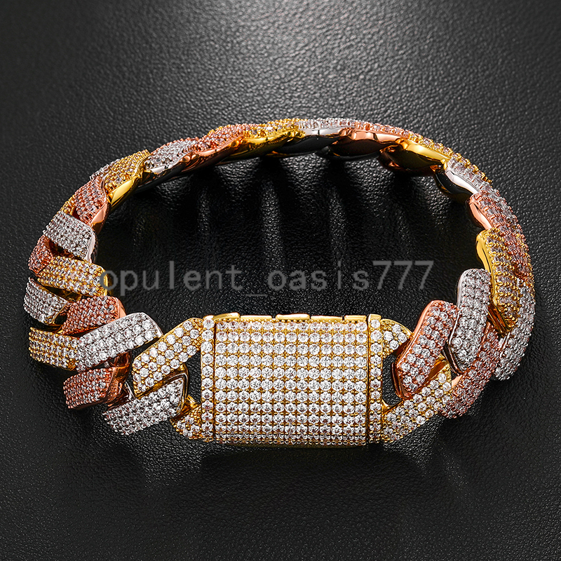 19mm Hiphop Bracelet 2 Tone 3 Rows moissanite Stone Box Buckle 14kt 18k Gold Plated Miami Cuban Link Bracelet for Men