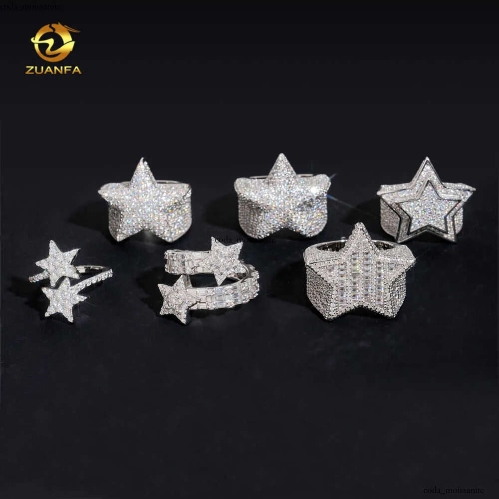 Hot Sale Instock Iced out Star Moissanite Diamond rings 925 silver Hip hop Ring Pass diamond tester Fashion men cuban ring 21