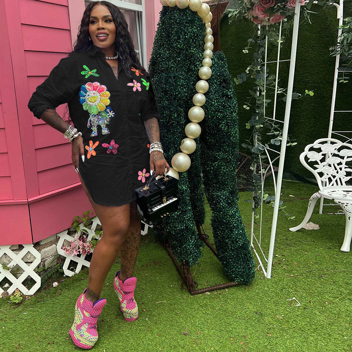 Women Shirt 2025 Spring Summer Printed Pearl Chain Trendy Long Sleeve Shirt Loose Medium Length