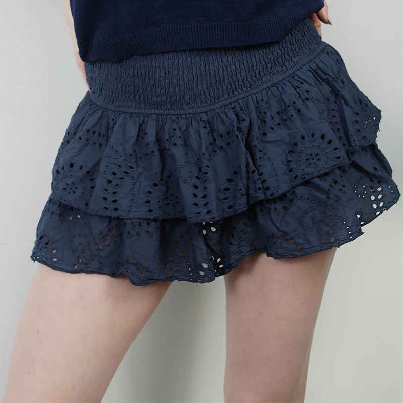 Women Y2K Ruffle Layered Hollow Mini Skirts Smocked A Line Pleated Short Skirts Teen s Boho Beach Kawaii Mini Skirts 250428