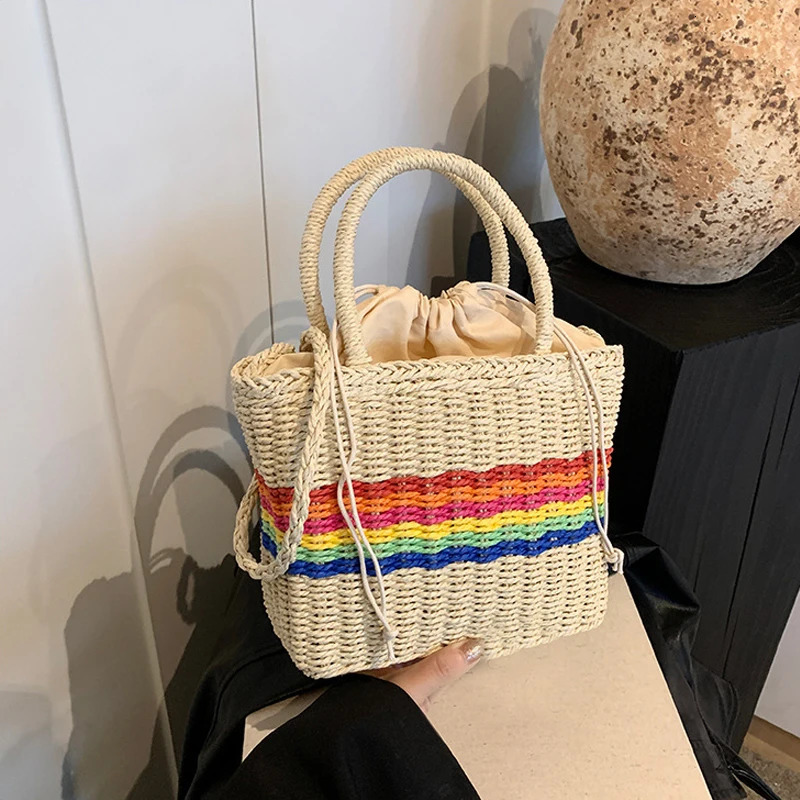 Womens cross bag with pull rod womens handbag Versatile Straw rainbow suspender womens casual shoulder bag 250427