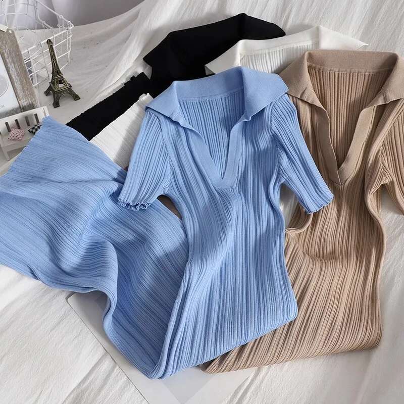 Yuoomuoo Chic Fashion Sexy Package Hips Knitted Summer Women V-Neck Slim Elastic Split Bodycon Dress Steetwear Vestidos