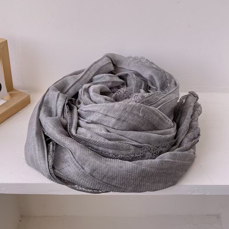 T595 lace edge pleated long cotton and linen scarf female spring and autumn pure cotton scarf autumn and winter literary shawl sunscreen