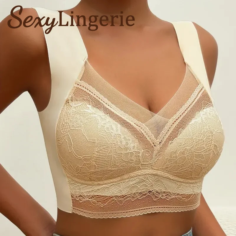 Womens lace bra perspective Bralette push up ice silk deep V sexy lingerie top plus size cup mom L5XL 250430