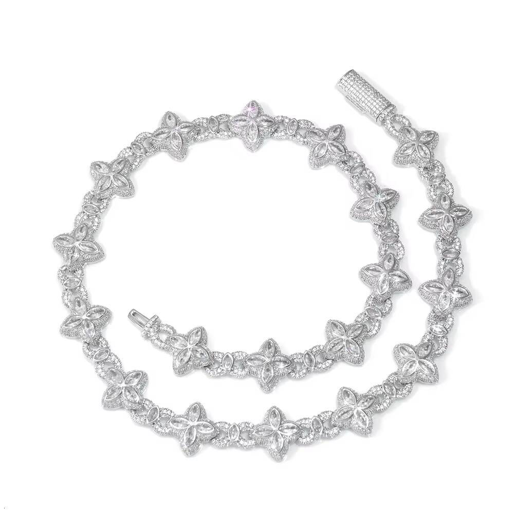 NUOYA Fine Jewelry Silver Plated Cuban Link Chain Colorful Eye Marquise Zircon Iced Out Diamond Four-Leaf Clover Chain Necklace