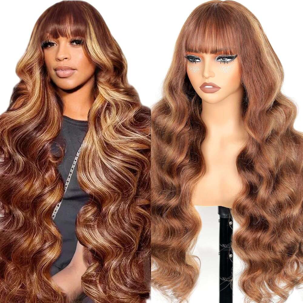 Ruiyu Ombre Highlight Wig with Bangs 2x4 HD Lace Front Closure Body Wave Wear and Go Glueless Highlights 4/27 Honey Blonde Brown Colored 100% Human Ha
