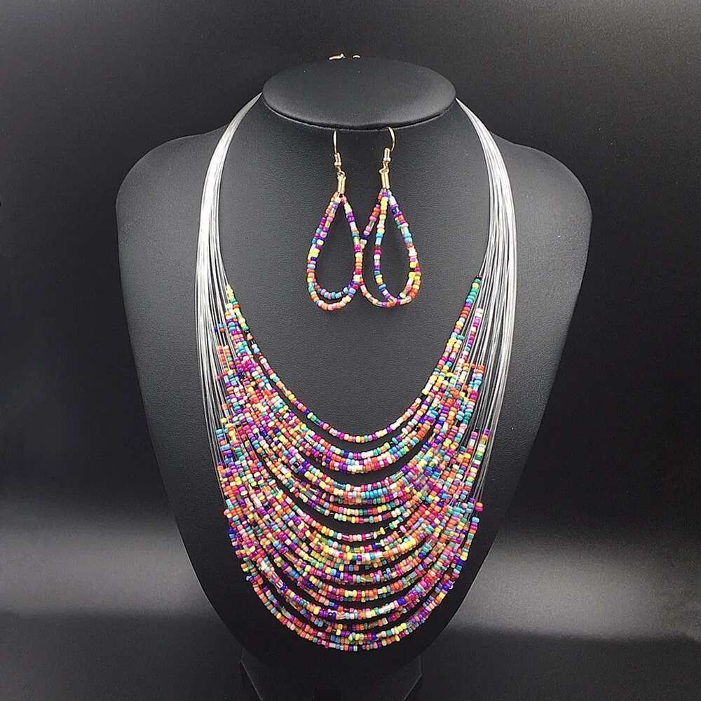 Bohemian Vacation Style Rice Beads Handmade For Women Multilayer Necklace & Earrings Set Jewelry Ladies Accessories