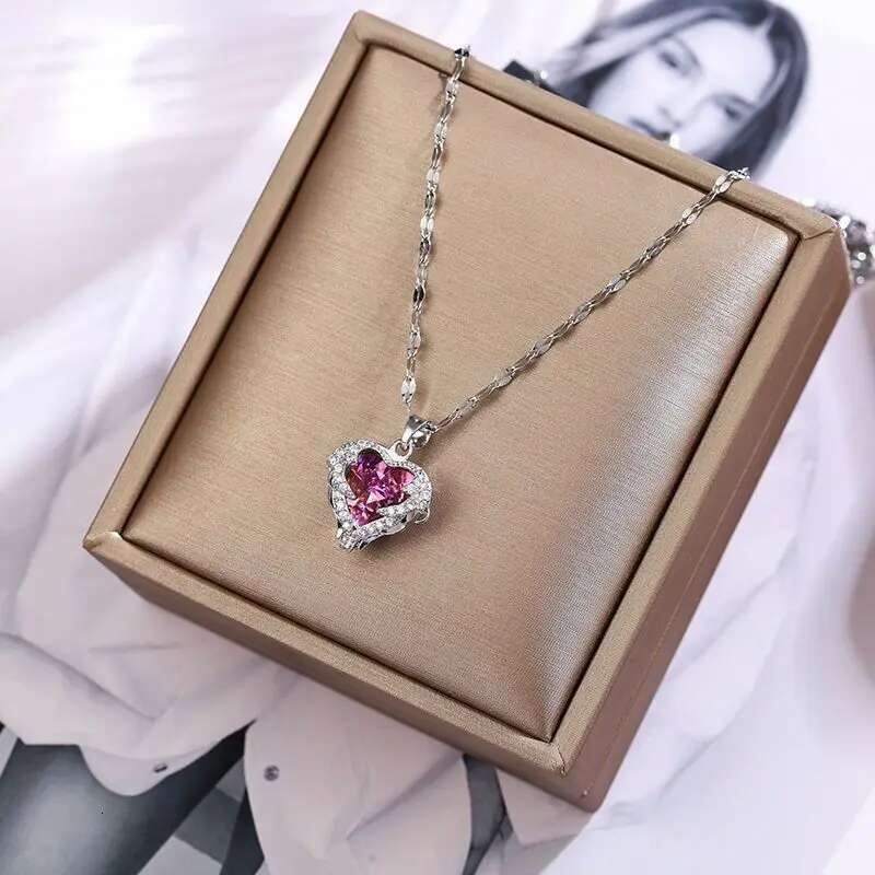 Top Colorful Crystal Ocean Heart Pendant Necklace For Women Trendy 316L Stainless Steel Jewelry Female Wedding Neck Chain