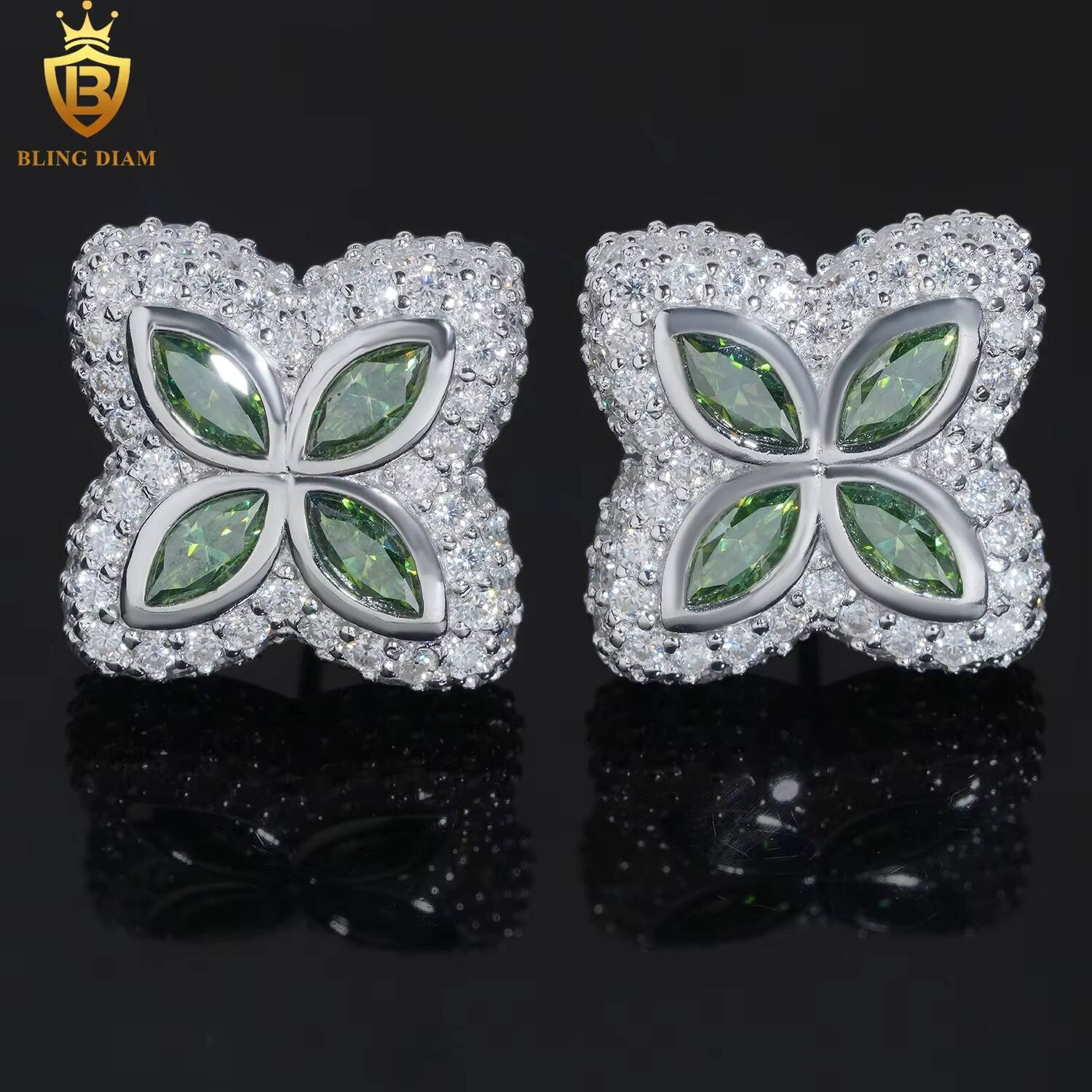 Fine Jewelry 925 Sterling Silver Vvs1 Moissanite Clover Stud Earrings Fashion Colorful Stone Marquise Cut