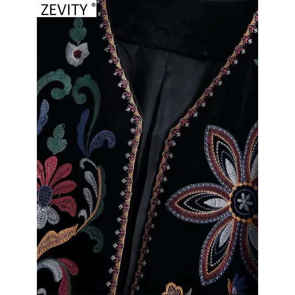 Zevity Women Vintage Flower Embroidery National Style Short Coat Ladies Retro Open ing Casual Veet Jacket Tops CT100