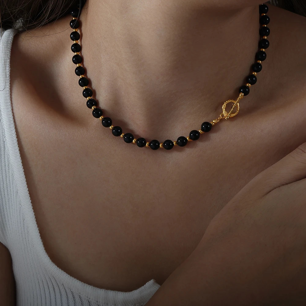 Black agate necklace womens round bead chain Gothic accessories Ot buckle gold-plated jewelry couple gift 250428
