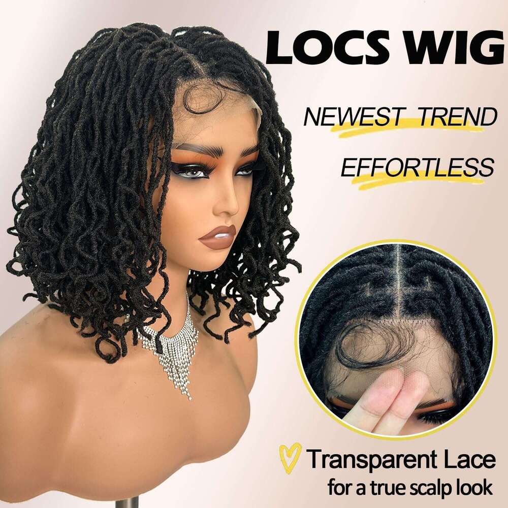 SOKU Short Faux Locs Lace Frontal 12 Inch Natural 4x4 Large Parting Space Twist Dreadlock Wigs for Black Women Afro Curly Braided Synthetic Wig