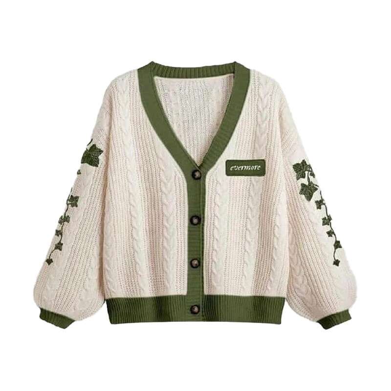 Evermore Cardigan Taylor Version Green Vine Embroidered Button Down Cable Knit Sweater Women Fall spring Vintage Outfit fashion clothing women