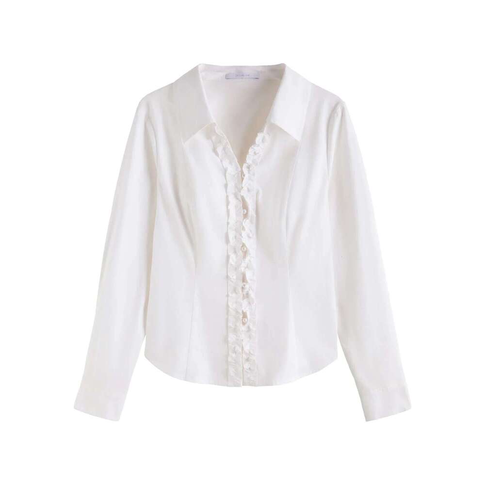 DUSHU Plus Size Women's Unique Design V Neck 2025 Spring New Commuting Casual V-Neck White Chic Shirt For Women 25Ds81055
