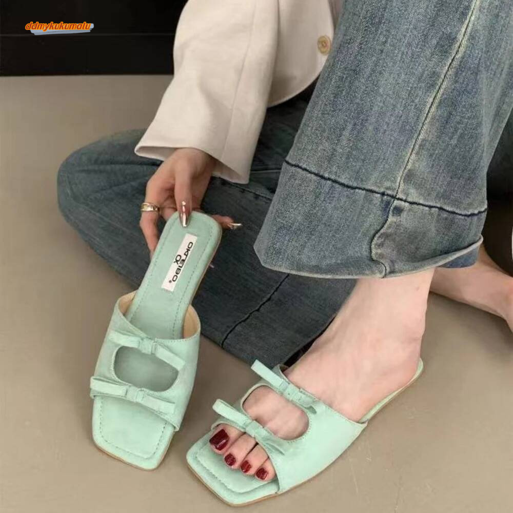Fashion Butterfly-Knot Ladies Flats Female Square Toe Summer Beach Slides Slippers Sandals Shoes For Women ddmykukumalu