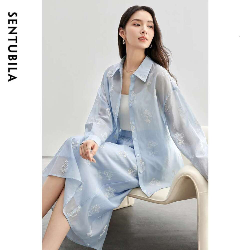 SENTUBILA Women Outfit Loose Embroidery Lace Up Shirt Elastic Waist Skirt Lyocell New Match Sets 2025 151Z58161