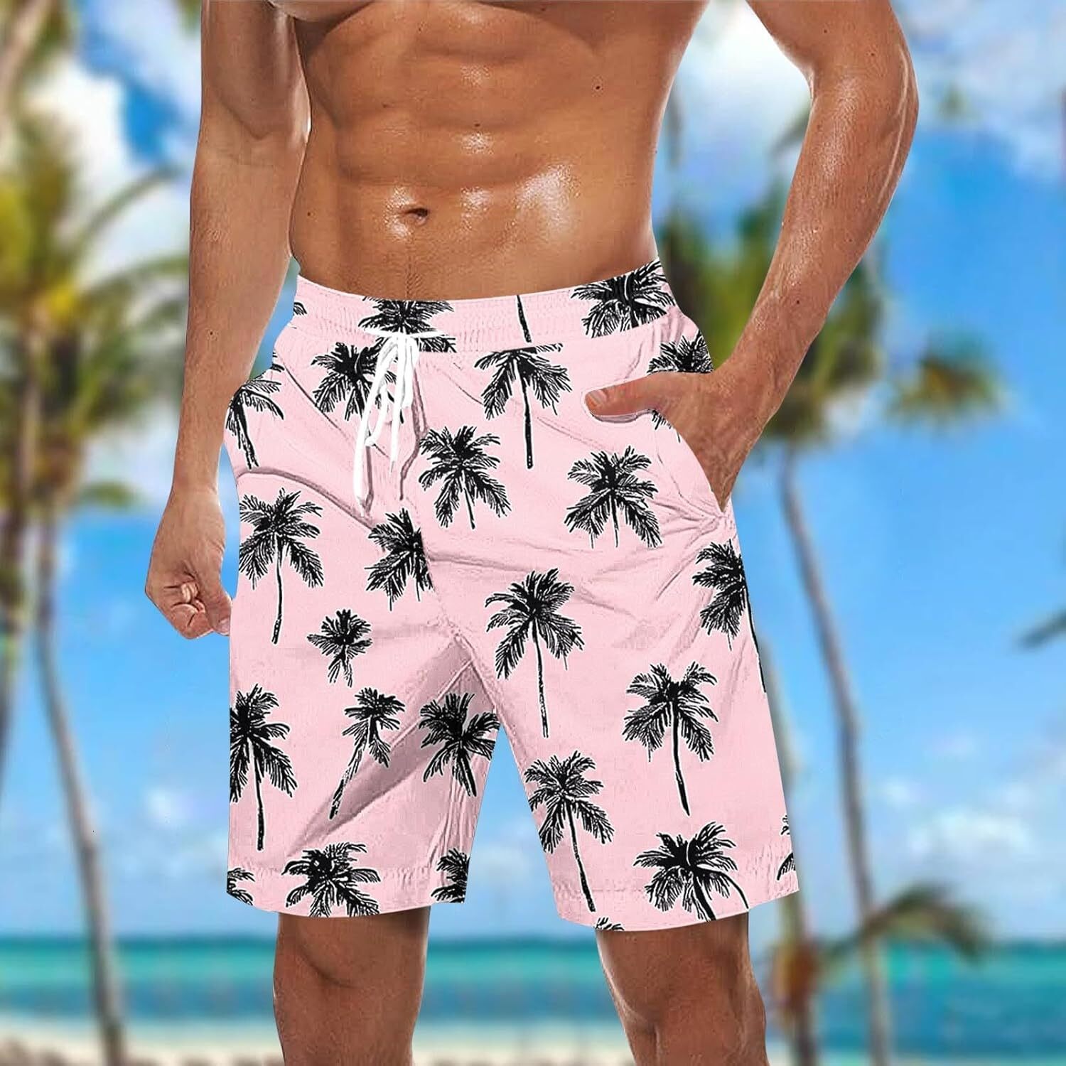 Hawaiian Floral Print Shorts for Men Casual Drawstring Waist Workout Surf Swim Trunks Beach Board Shorts with Pockets Fashionable