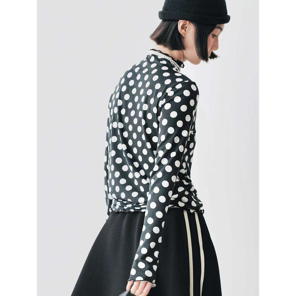 IMAKOKONI Original Design Polka Dot Long Sleeved Slim Fit Black Round Neck Pullover Thin Top For Women 244783