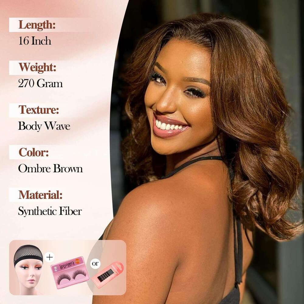WIGER Big Curly Lace Front Loose Wave Short Wavy Bob for Black Women Ombre Brown Middle Part Shoulder Length Wig Synthetic Wigs