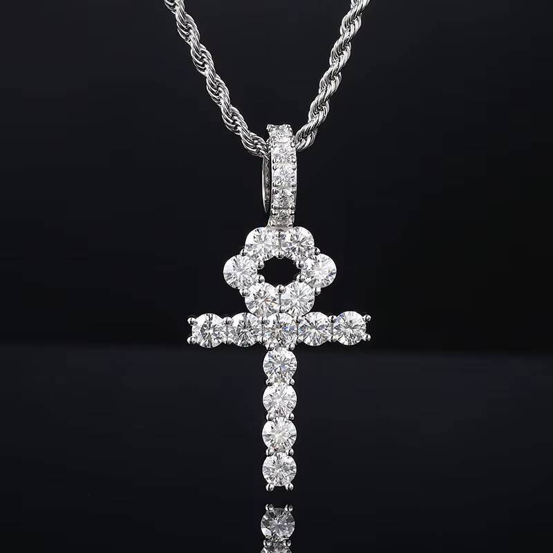 European American Trend S925 Sterling Silver 5mm Moissanite Cross Pendant Mens Gold Rhodium-Plated Hip Hop Style Necklace