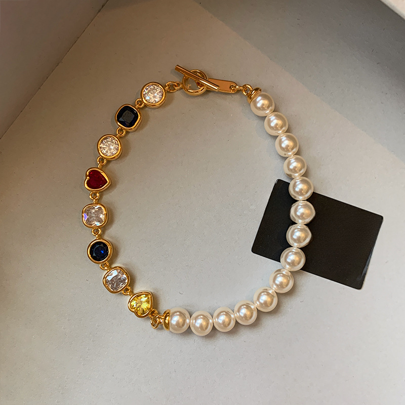 18K Real Gold Plated Zircon Heart Pearl Light Luxury High-end Feel Bracelet Personality Fashion Versatile Jewelry for Women - view 4